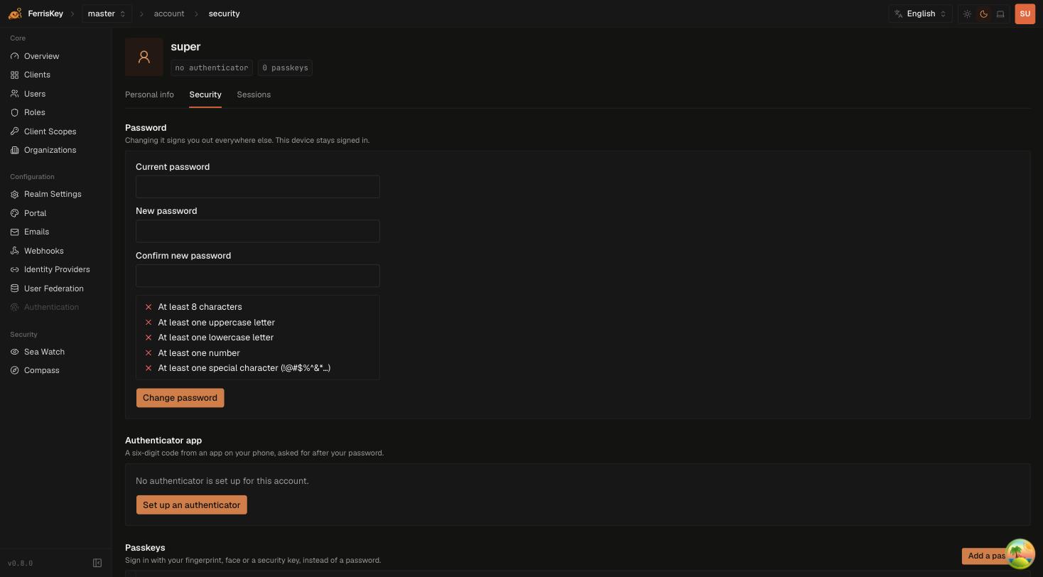 FerrisKey account security tab showing password change with live policy feedback, authenticator app and passkeys sections
