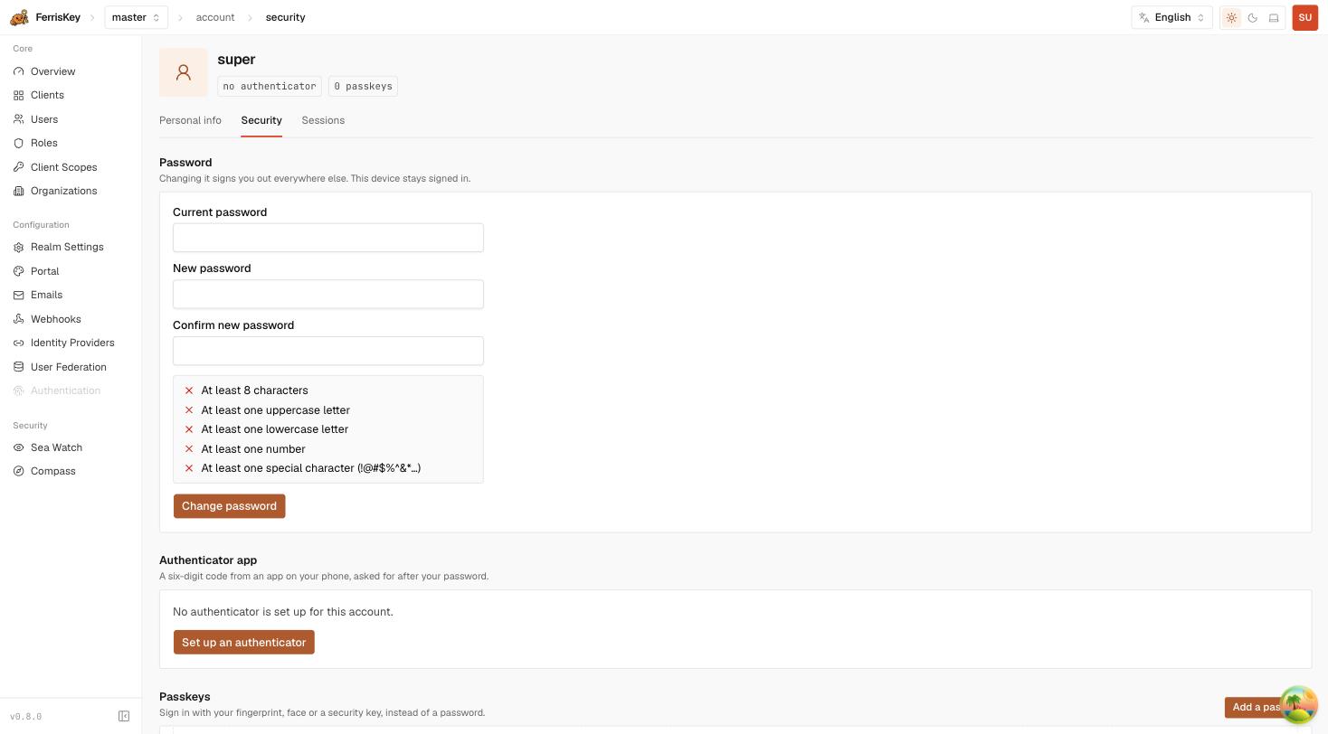 FerrisKey account security tab showing password change with live policy feedback, authenticator app and passkeys sections
