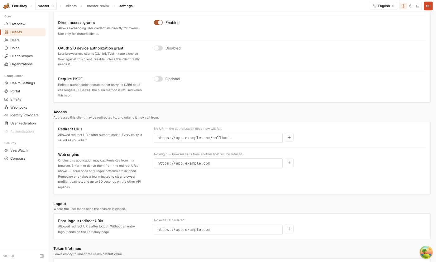 FerrisKey client Access section with redirect URIs, web origins and post-logout redirect URIs