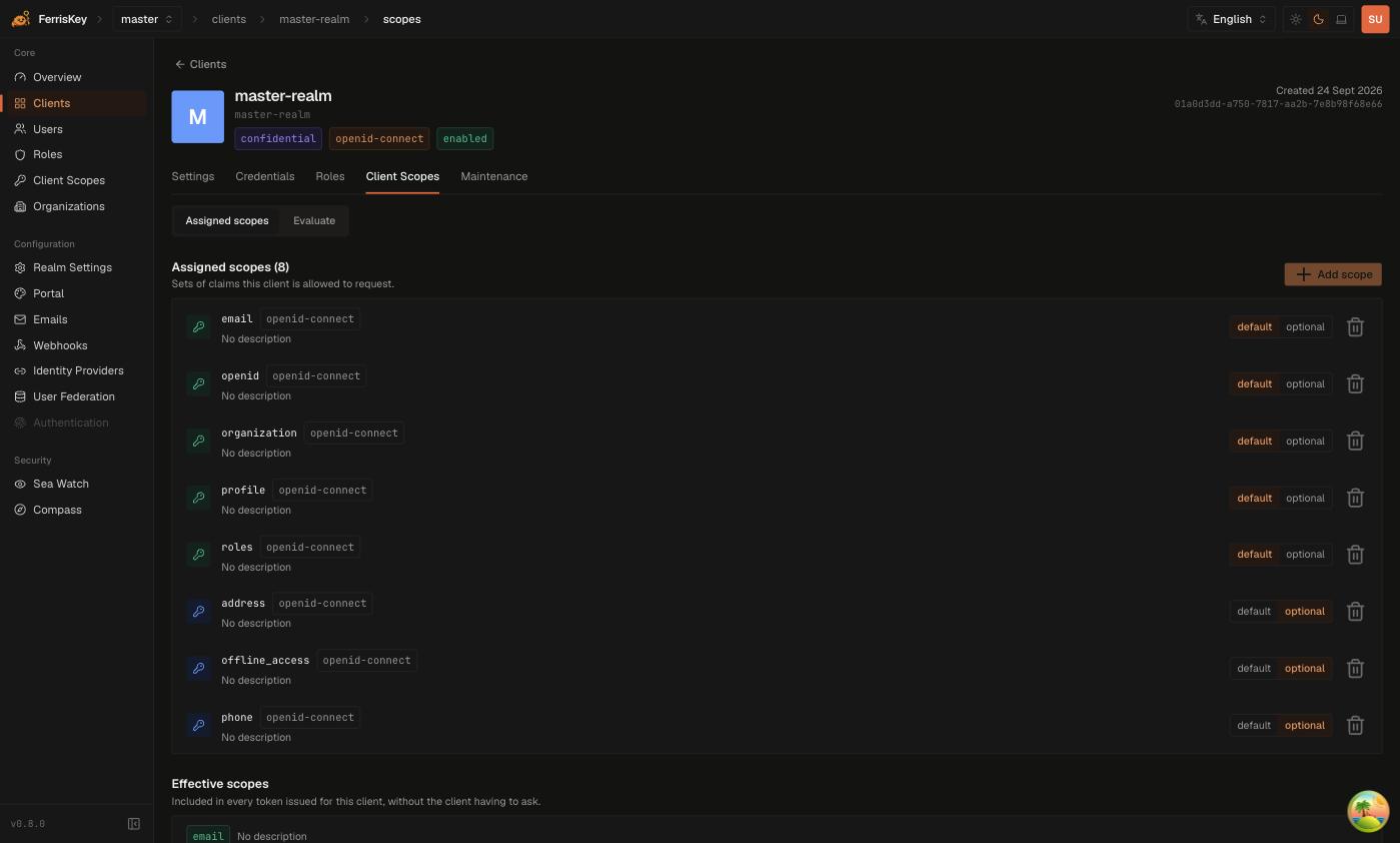 FerrisKey client Client Scopes tab listing the assigned scopes with their default and optional switches