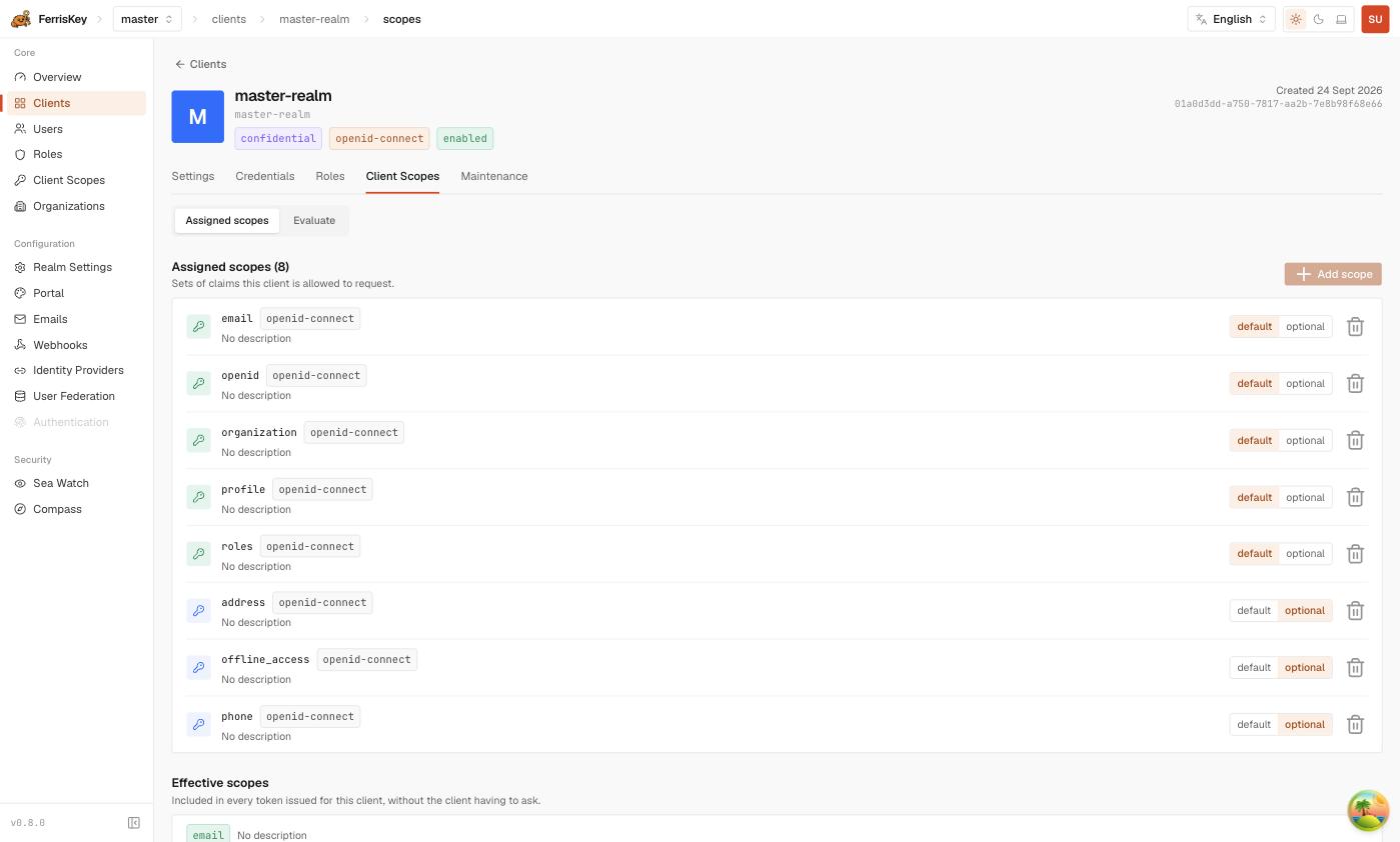 FerrisKey client Client Scopes tab listing the assigned scopes with their default and optional switches