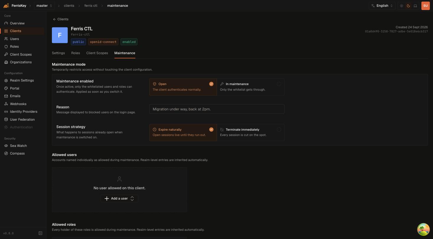 FerrisKey client maintenance tab showing the maintenance switch, reason, session strategy and allowed users