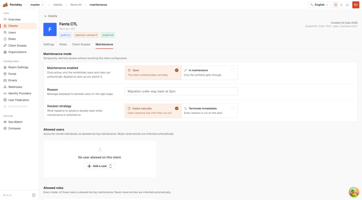 FerrisKey client maintenance tab showing the maintenance switch, reason, session strategy and allowed users