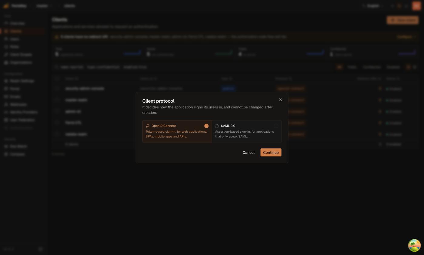 FerrisKey client protocol dialog offering OpenID Connect or SAML 2.0