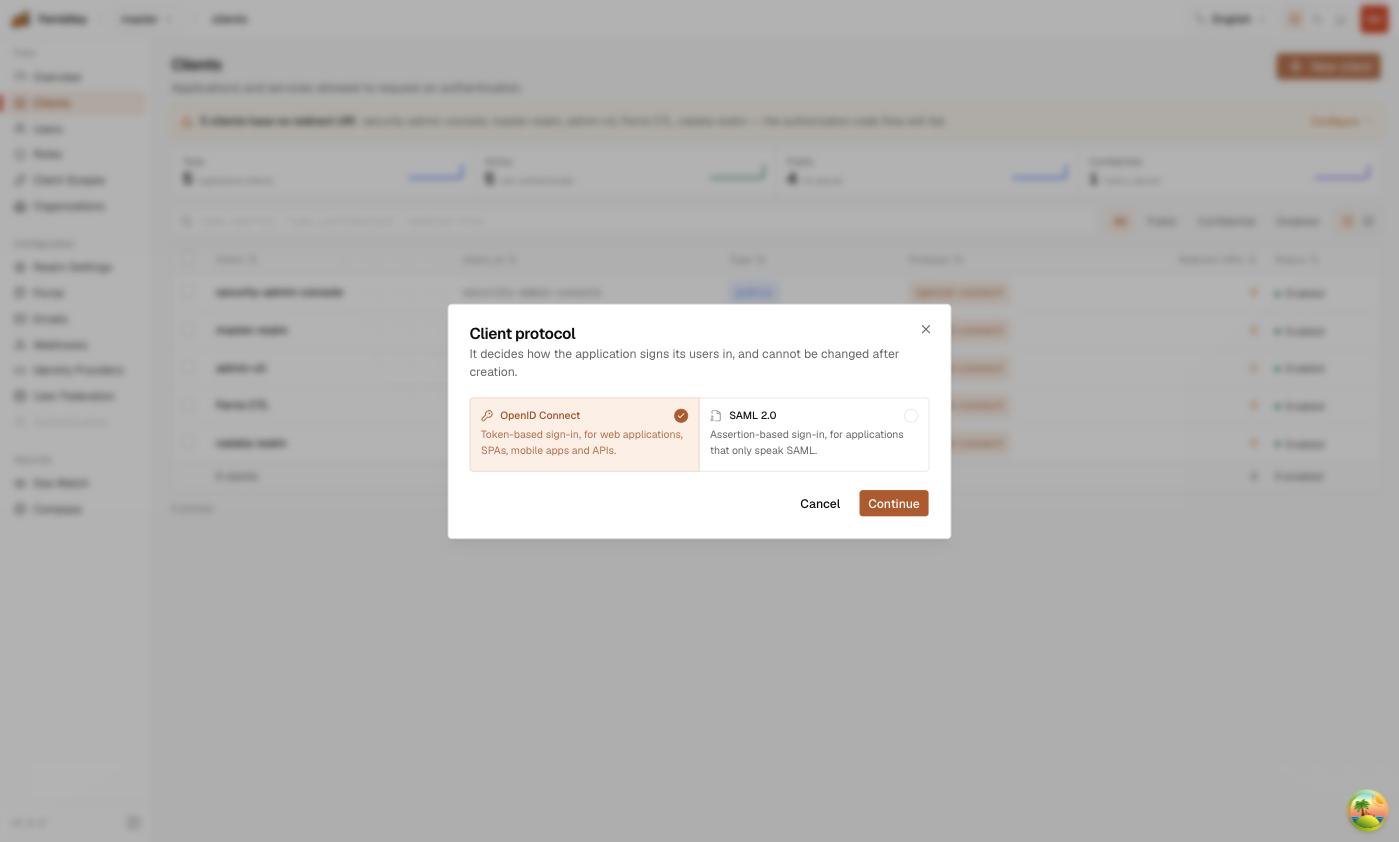 FerrisKey client protocol dialog offering OpenID Connect or SAML 2.0