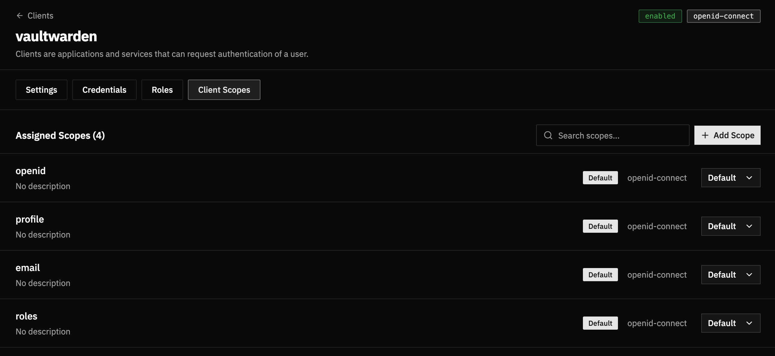 FerrisKey client scopes tab showing openid, profile, email, and roles as default scopes