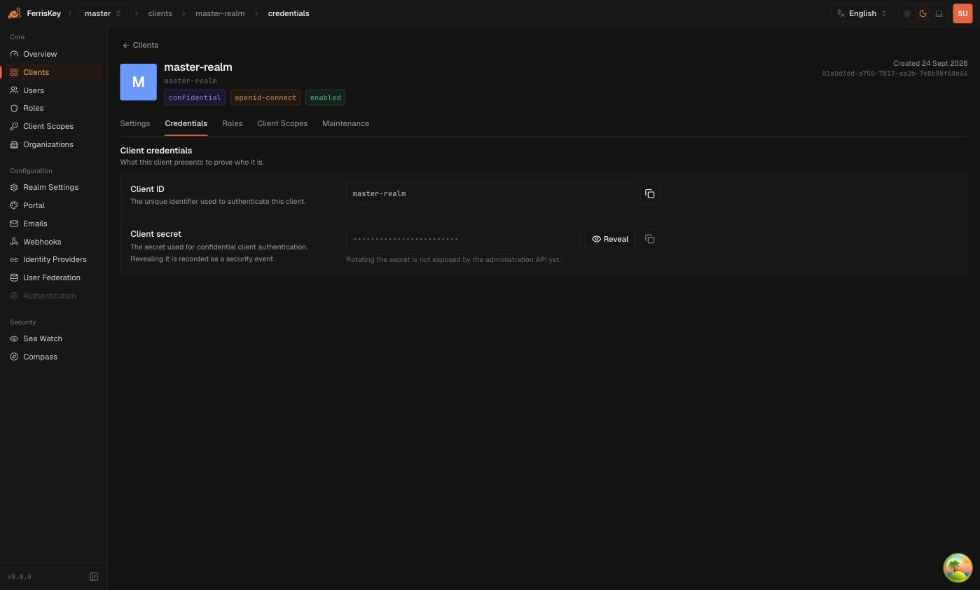 FerrisKey client credentials tab showing the client ID and the masked client secret with a Reveal action