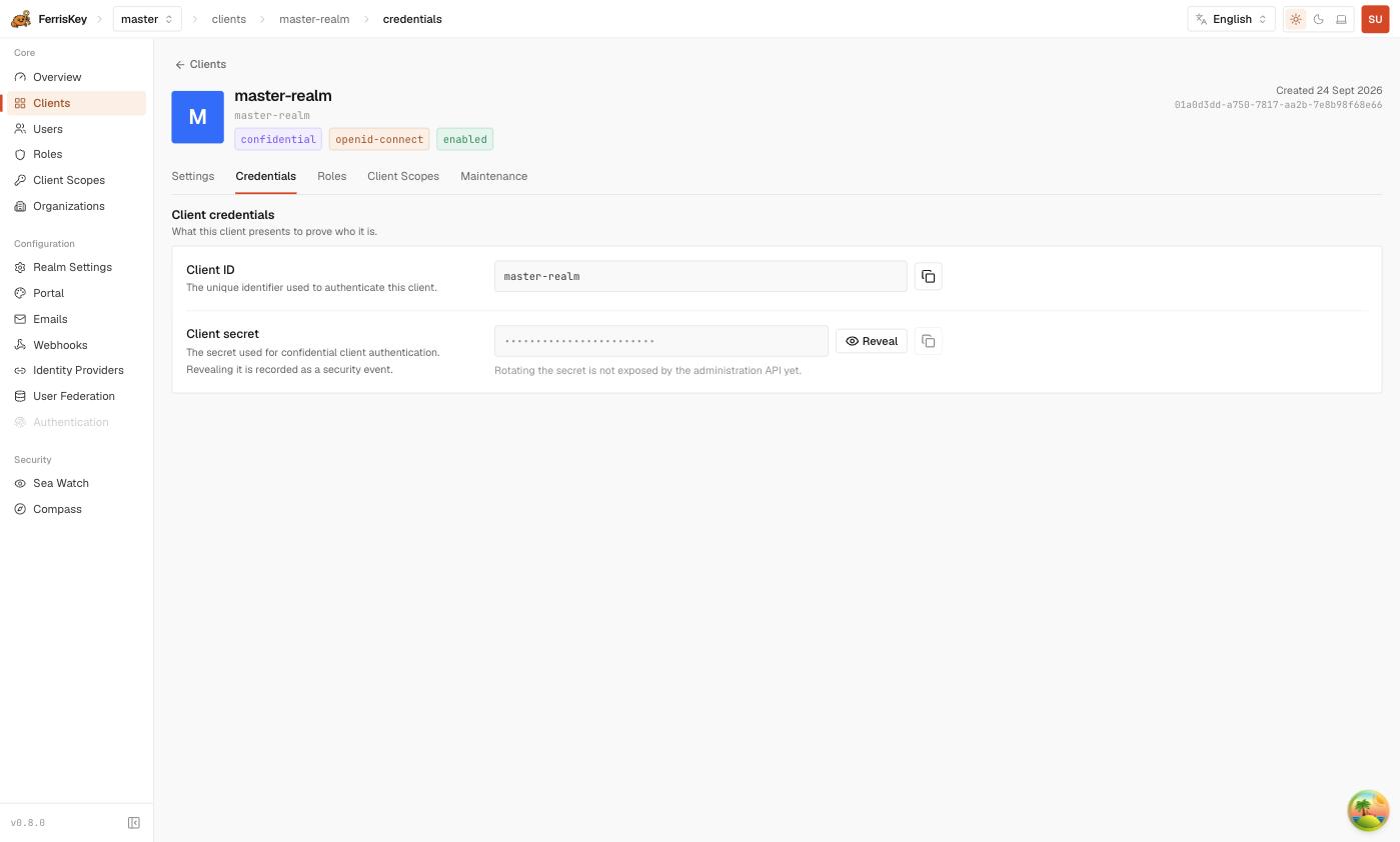 FerrisKey client credentials tab showing the client ID and the masked client secret with a Reveal action