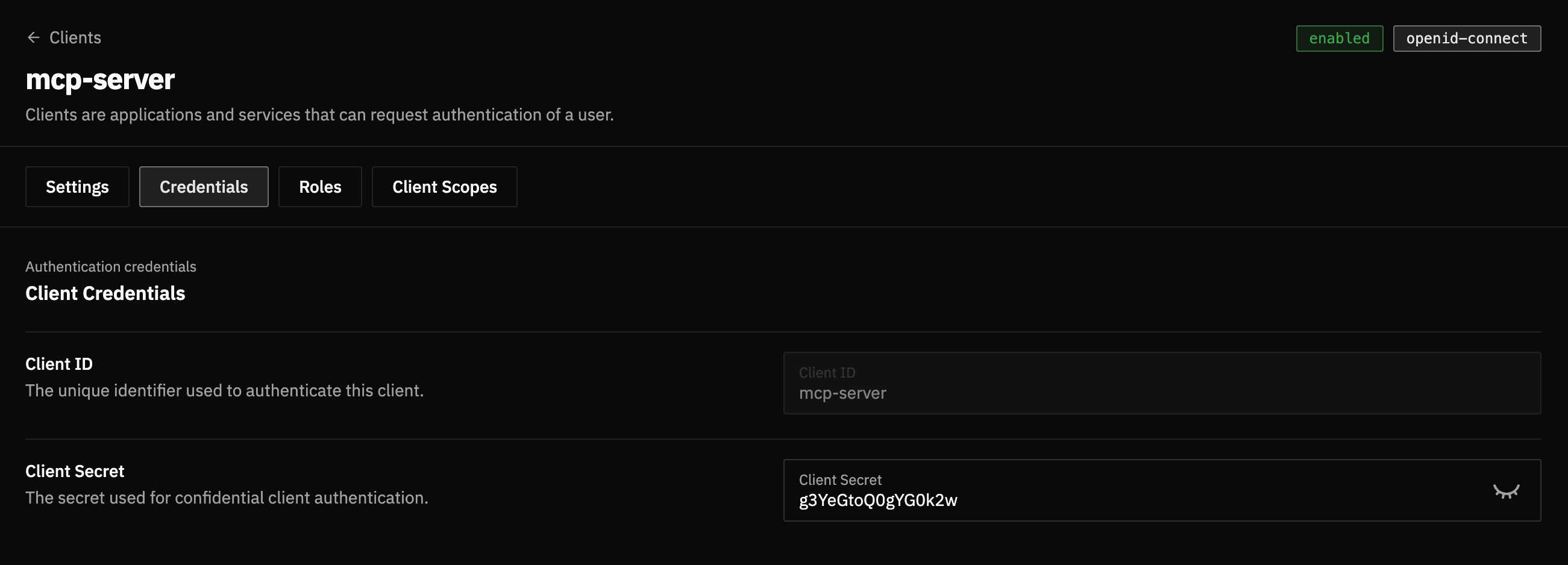 FerrisKey client credentials tab showing the client ID and client secret fields