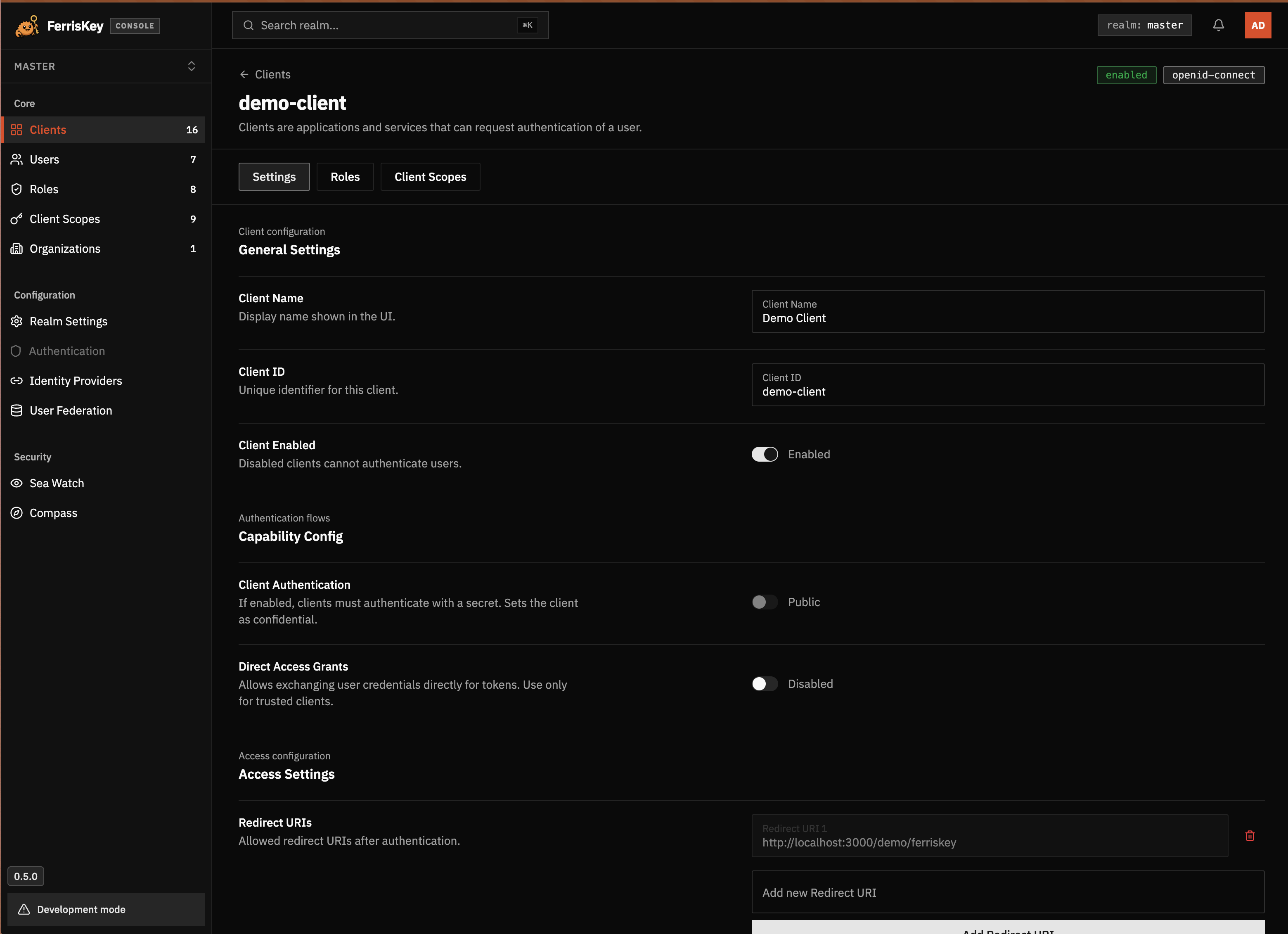 FerrisKey client settings showing client authentication, direct access grants, and redirect URIs