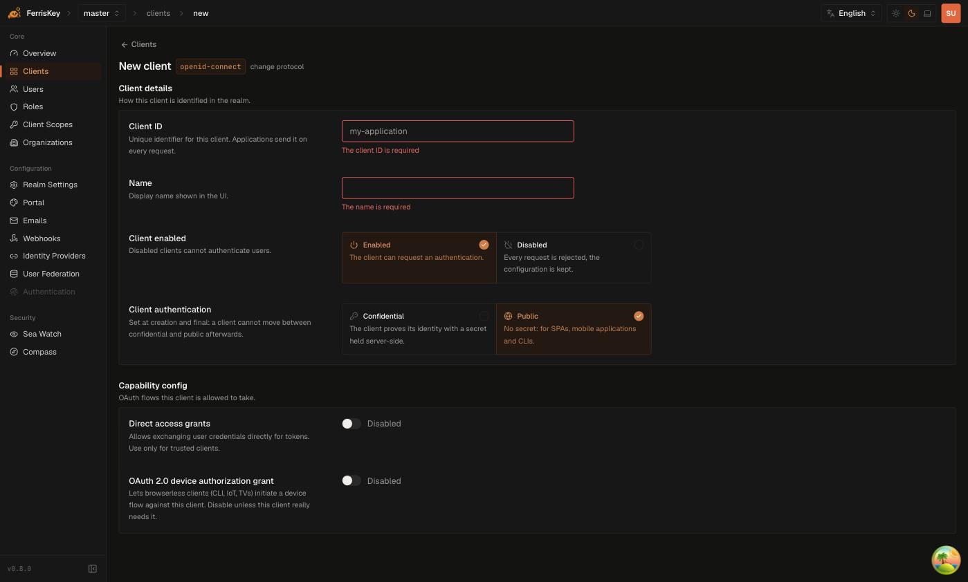 FerrisKey new client form with client ID, name, enabled state, the confidential/public choice and the capability switches
