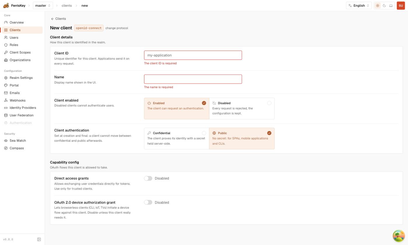 FerrisKey new client form with client ID, name, enabled state, the confidential/public choice and the capability switches