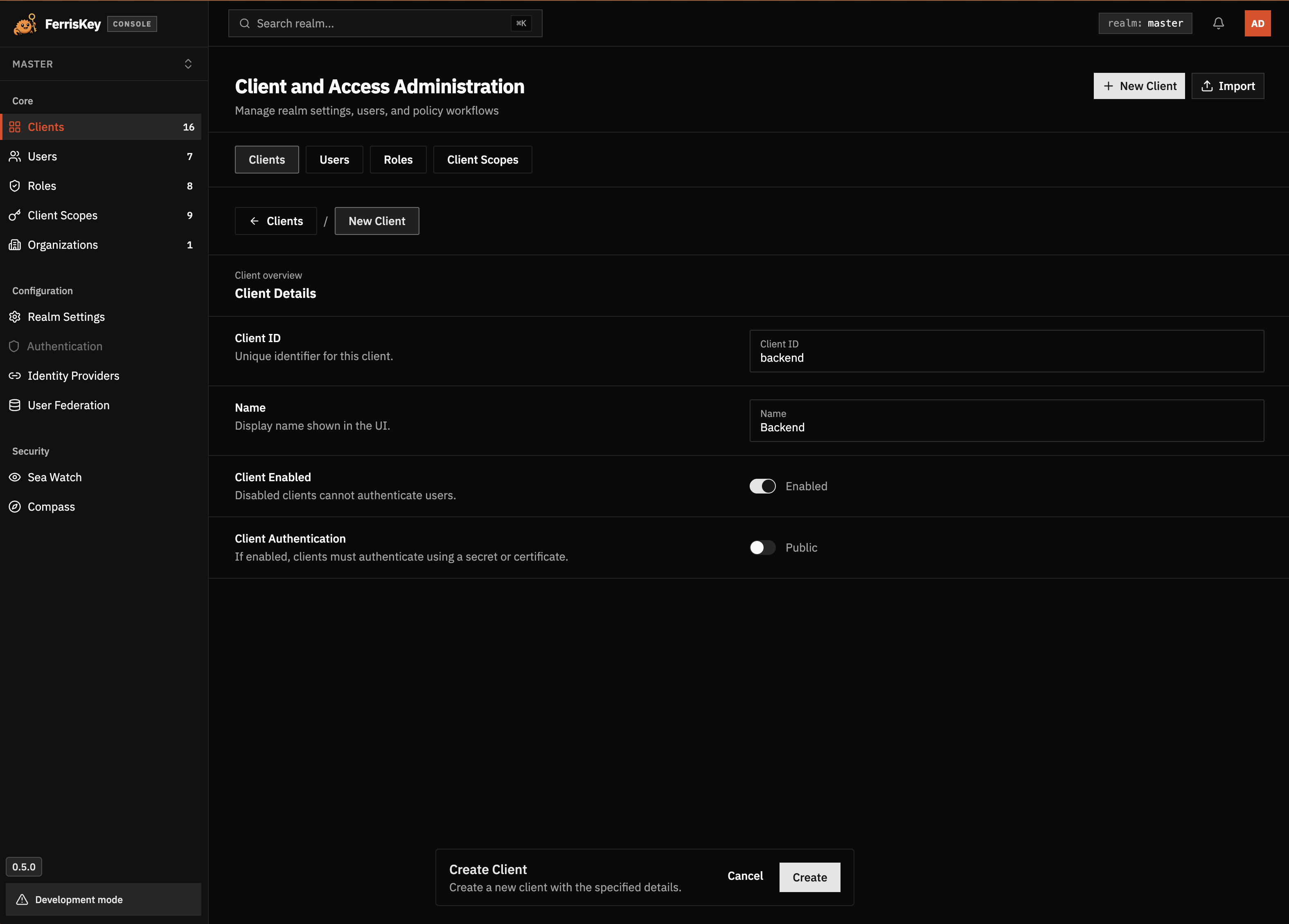 FerrisKey new client form with client ID, name, enabled switch, and client authentication switch