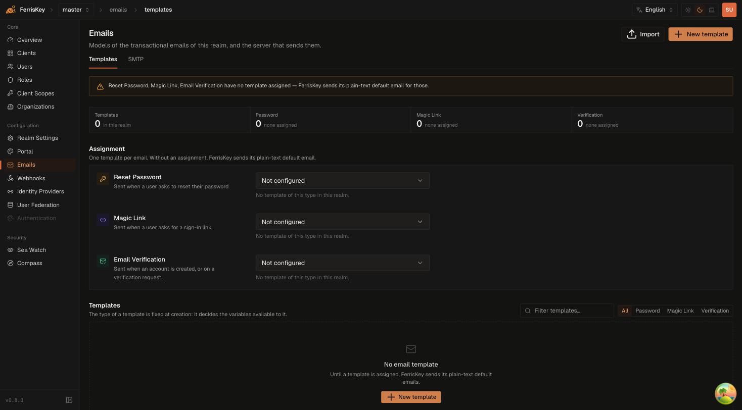 FerrisKey email templates page showing type assignment and the Import action