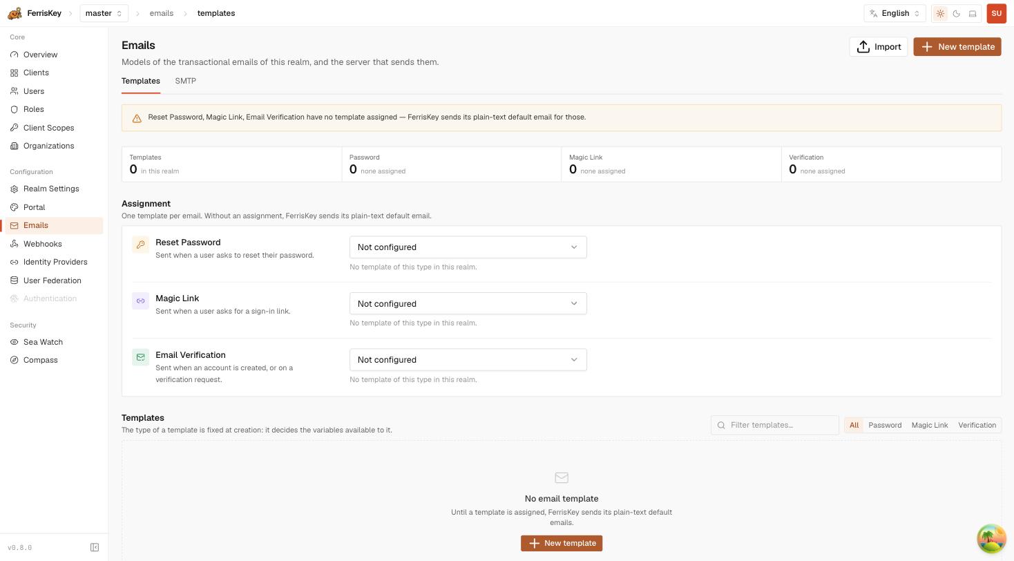 FerrisKey email templates page showing type assignment and the Import action