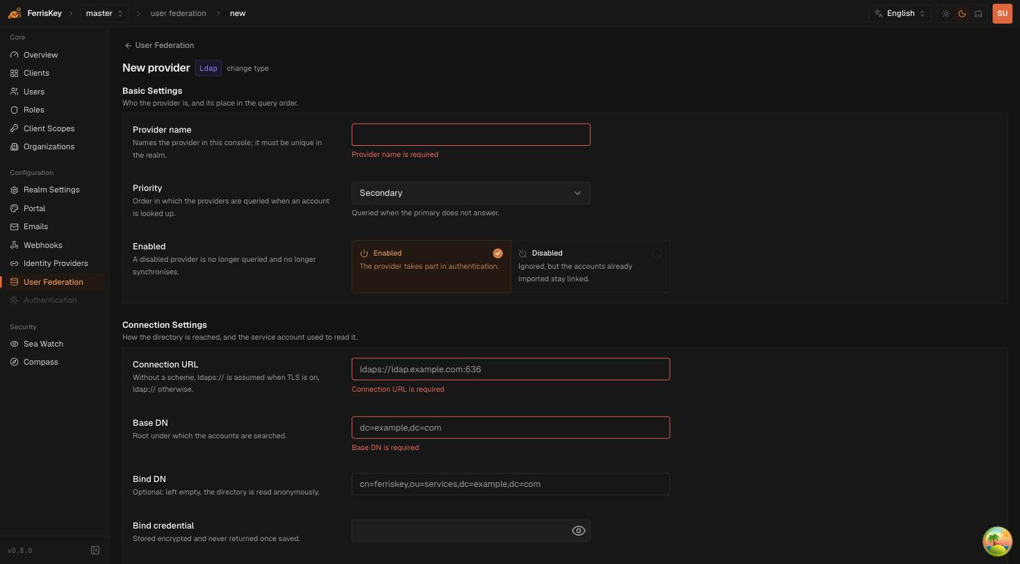 FerrisKey new LDAP provider form showing basic settings and connection settings