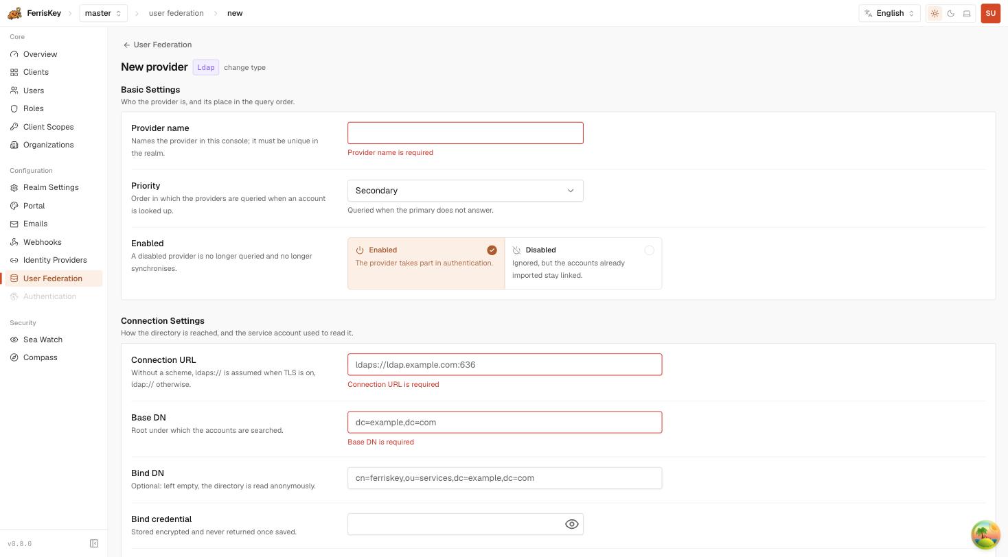 FerrisKey new LDAP provider form showing basic settings and connection settings