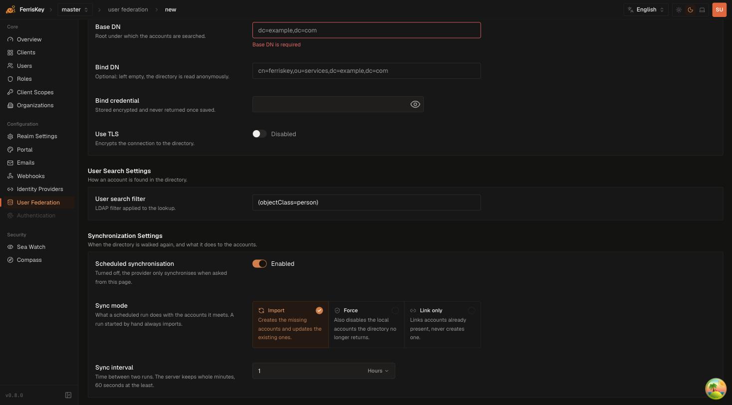 FerrisKey LDAP provider synchronisation settings showing sync mode and interval