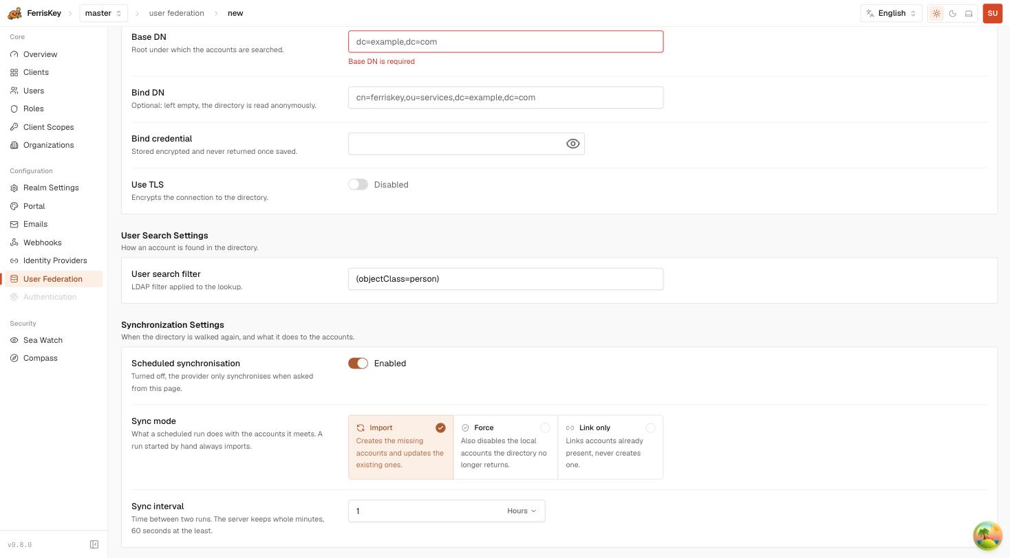 FerrisKey LDAP provider synchronisation settings showing sync mode and interval