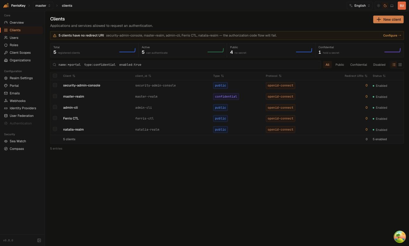FerrisKey clients list with counters for total, active, public and confidential clients, and the New client button