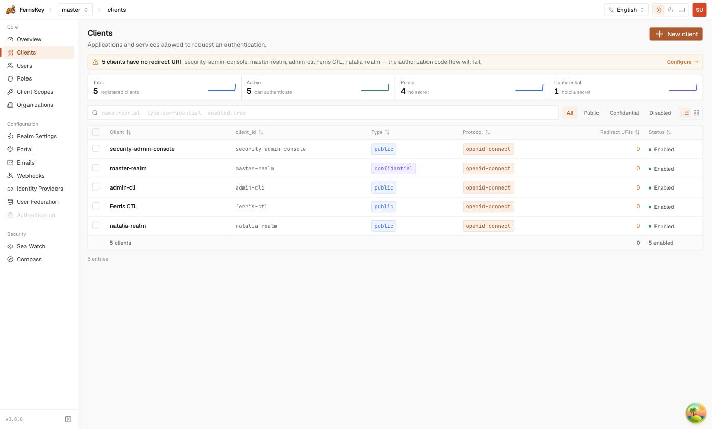 FerrisKey clients list with counters for total, active, public and confidential clients, and the New client button