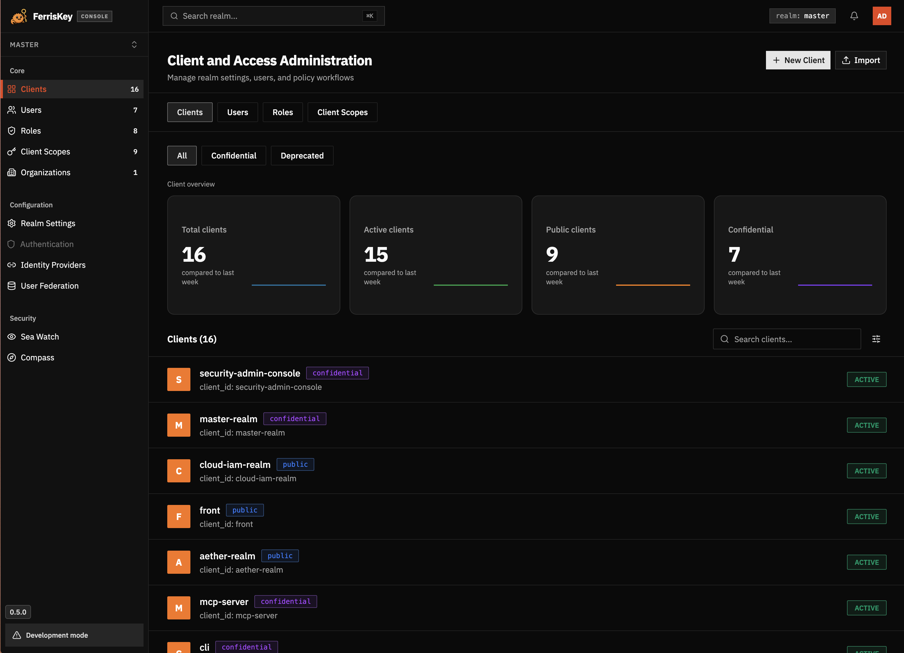 FerrisKey clients list with the New Client button