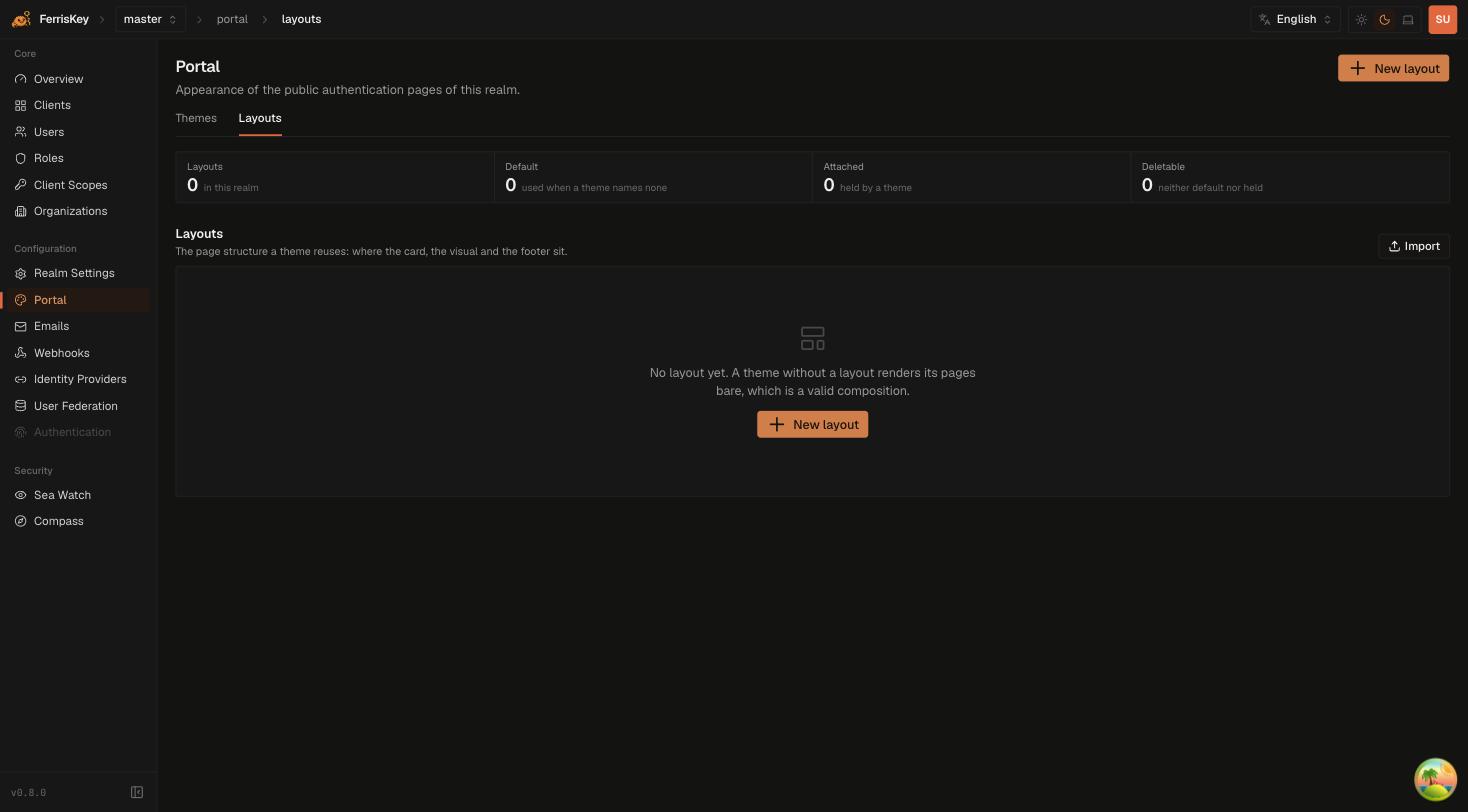 FerrisKey portal layouts tab with the Import action and layout counters