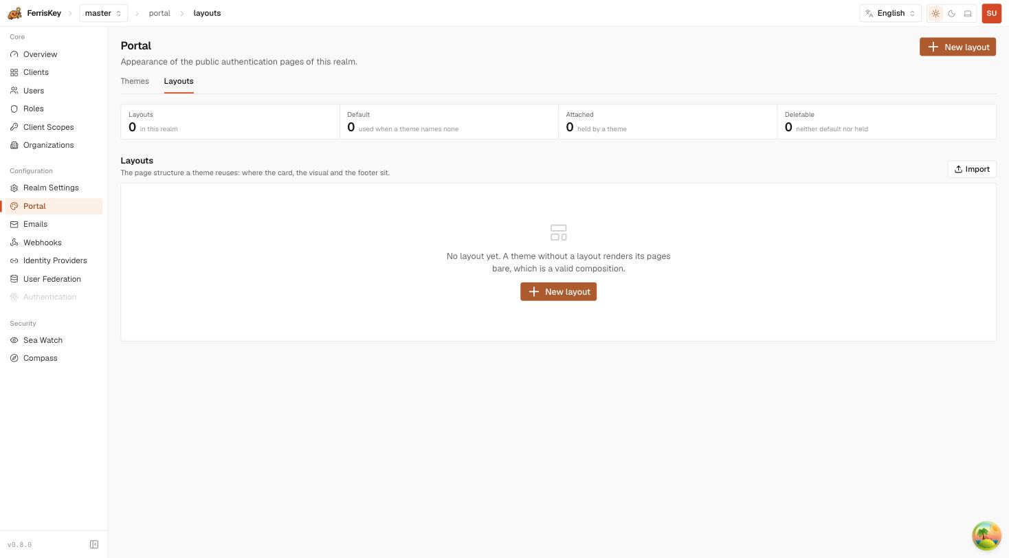 FerrisKey portal layouts tab with the Import action and layout counters