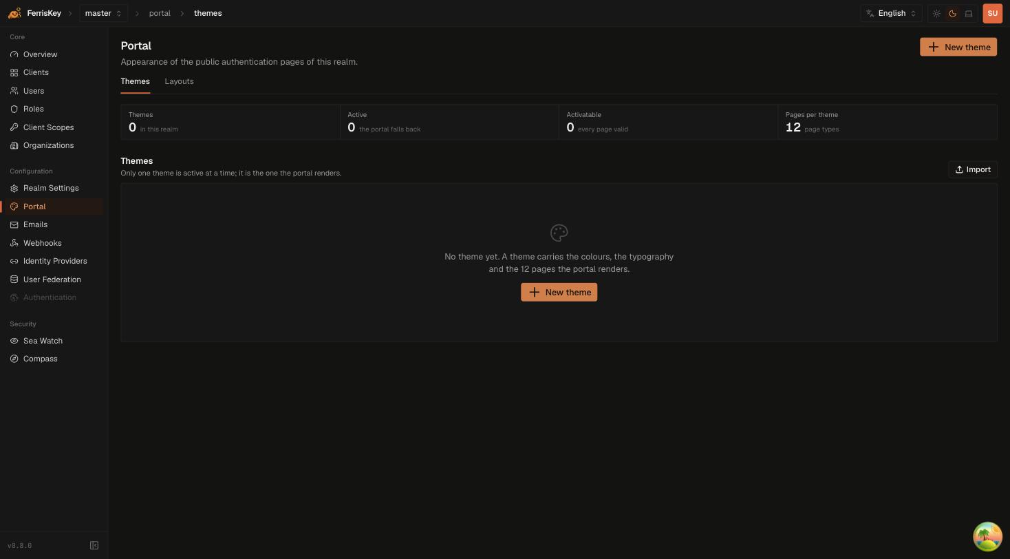FerrisKey portal themes tab with the Import action