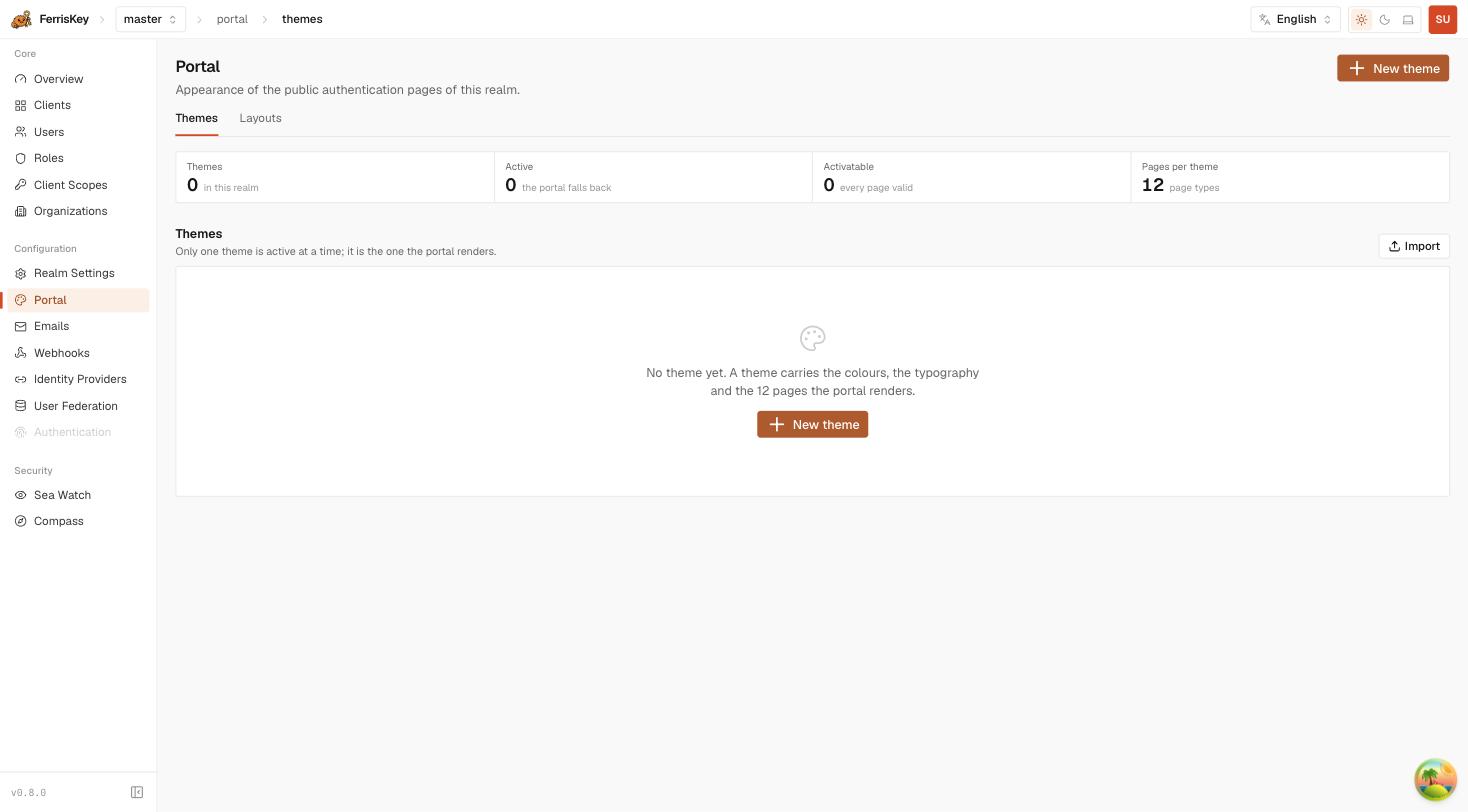 FerrisKey portal themes tab with the Import action