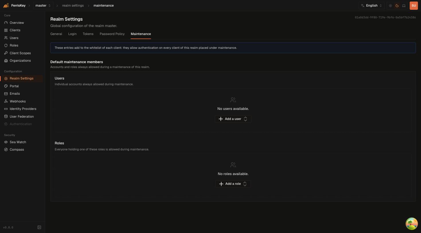 FerrisKey realm settings maintenance tab showing default maintenance members for users and roles
