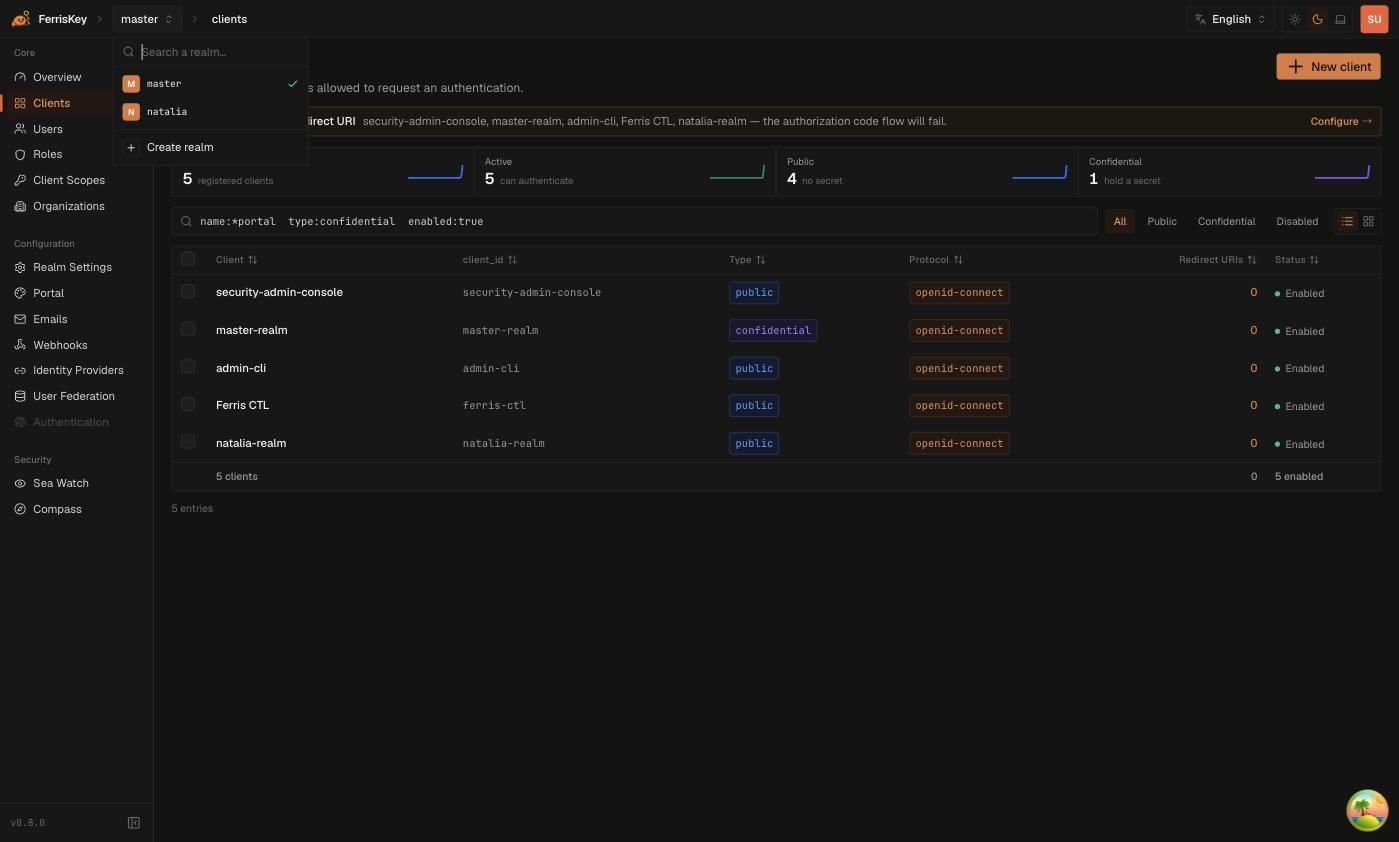 FerrisKey realm selector open in the top bar, listing the realms and the Create realm action