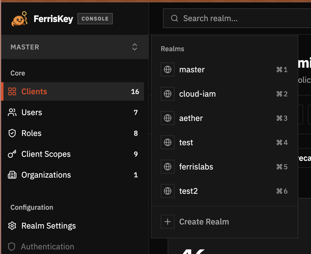 FerrisKey realm selector showing existing realms and the Create Realm action