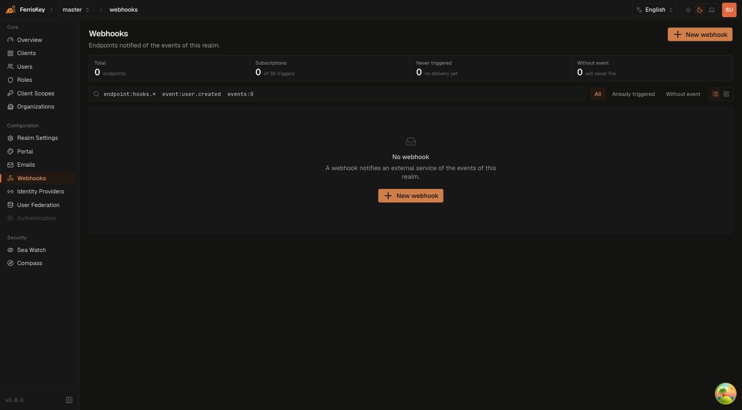 FerrisKey webhooks list showing endpoint count, subscription count, never-triggered and without-event counters