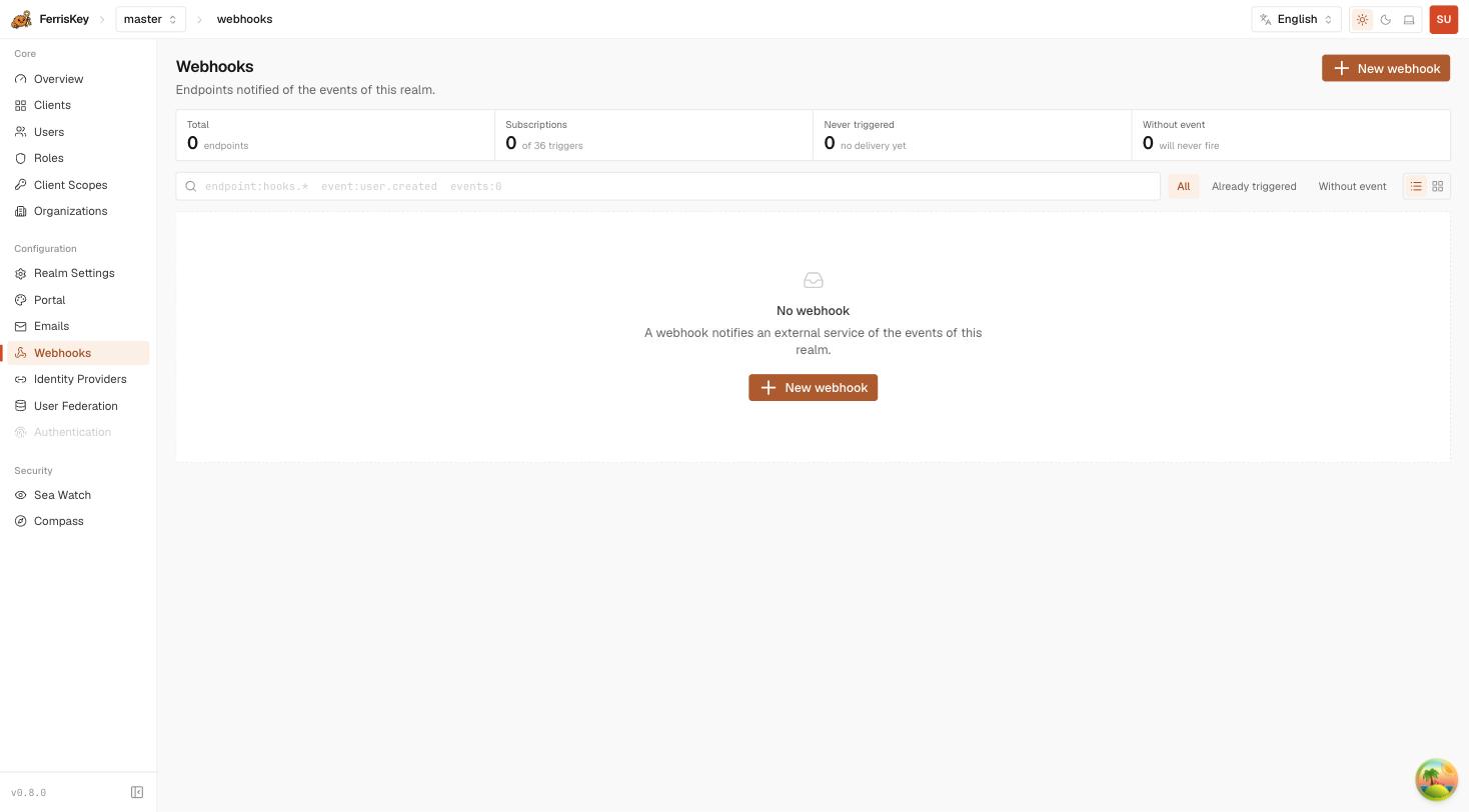 FerrisKey webhooks list showing endpoint count, subscription count, never-triggered and without-event counters